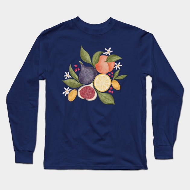 Hand painted watercolor vintage style fruits and leaves arrangement Long Sleeve T-Shirt by TinyFlowerArt
